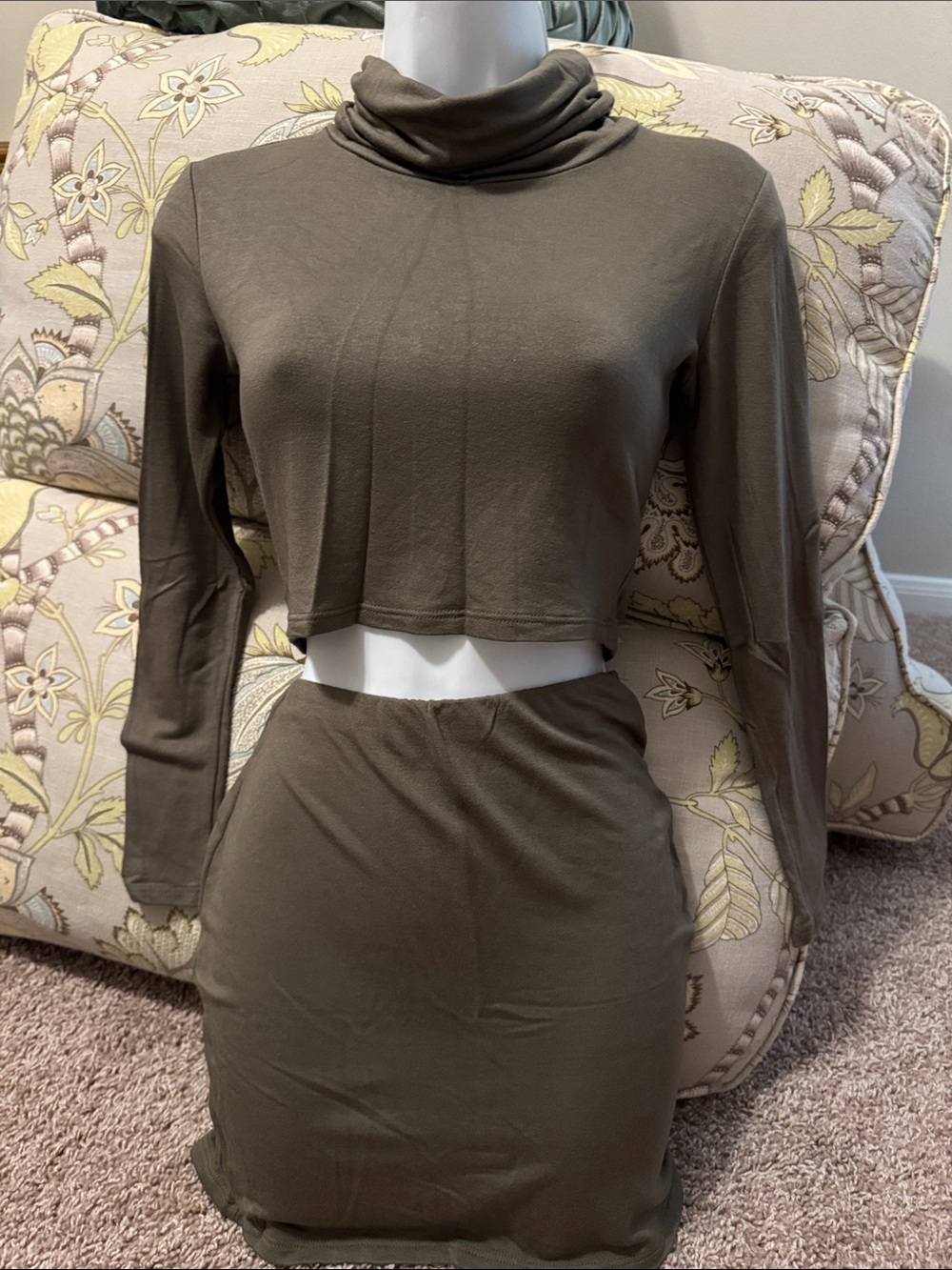 Crop Turtleneck Long Sleeve Skirt Set in Olive
